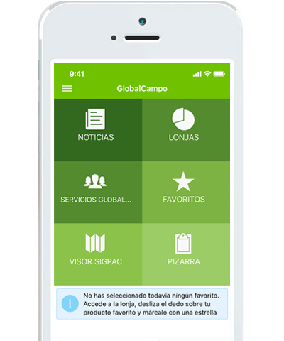 Dispositivo móvil con la pantalla de la aplicación Móvil GlobalCampo, aplicación de gestión integral de explotación agraria