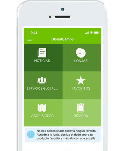 Aplicación Móvil Globalcampo Dispositivo móvil con la pantalla de la aplicación Móvil GlobalCampo, aplicación de gestión integral de explotación agraria