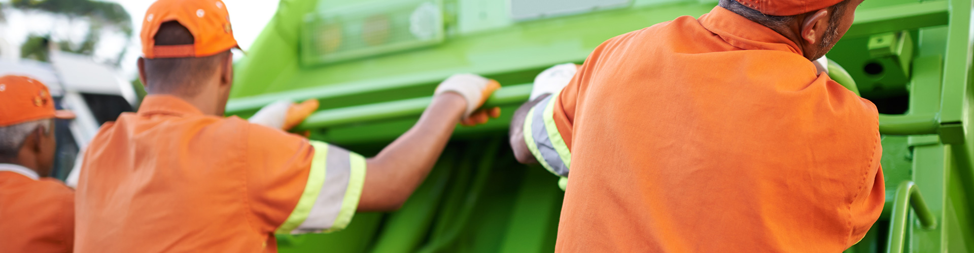 Seguro agrario con cobertura para recogida de animales - Trabajadores de empresa de recolección de residuos vestidos con uniforme naranja y cascos, montados en la parte de atrás del cambio