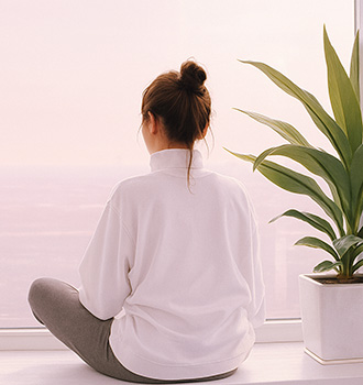 chica de espaldas mirando por una ventana