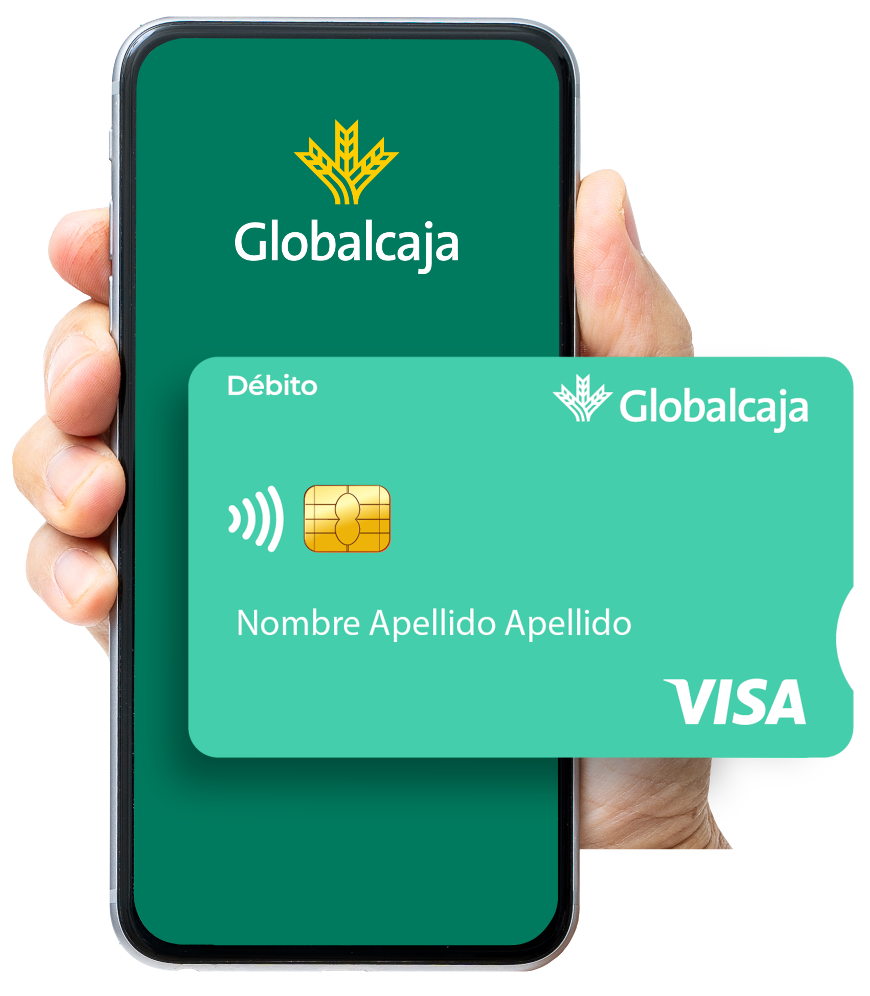 Móvil con el logo de Globalcaja y una tarjeta de débito VISA en su cuenta online