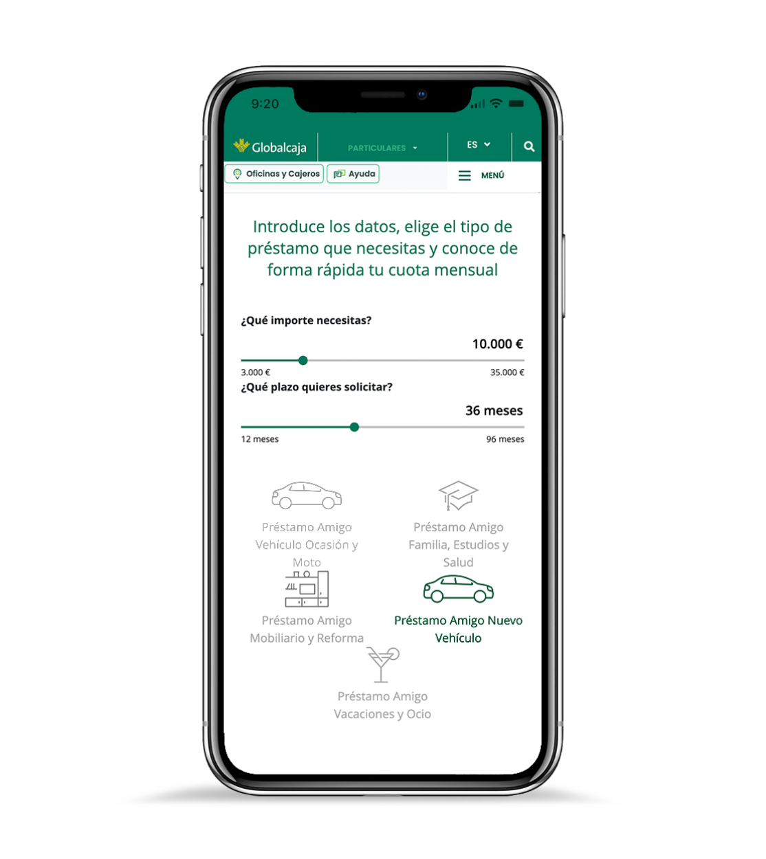 teléfono móvil con la página web de Globalcaja, donde la gente puede simular su préstamo personal y conocer la cuota en un minuto