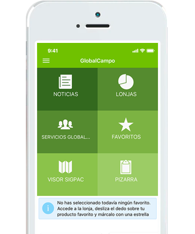 Dispositivo móvil con la pantalla de la aplicación Móvil GlobalCampo, aplicación de gestión integral de explotación agraria