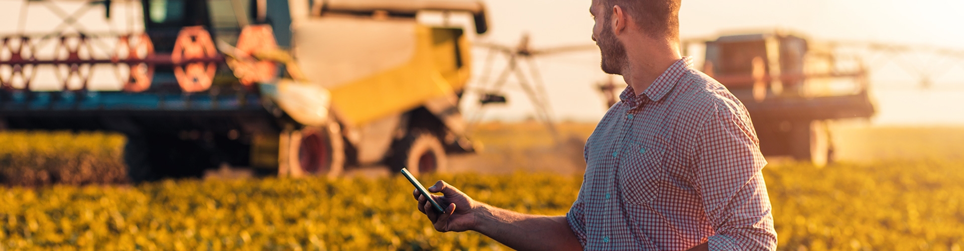 Hombre con camisa de cuadros con dispositivo móvil en la mano controlando en tiempo real sus cultivos, mirando una máquina que cosecha los cultivos.
