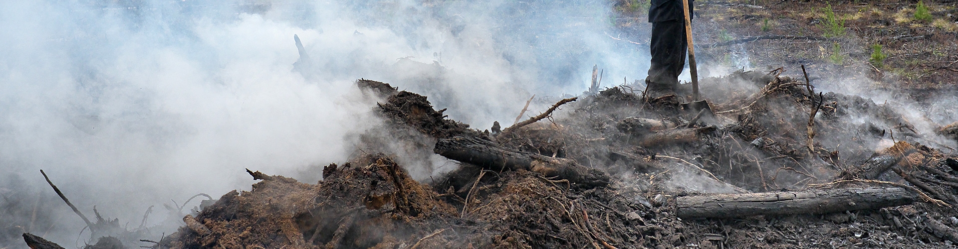 Seguro agrario para protección de incendios forestales - Bombero con pala, parado en campo quemado por un incendio forestal