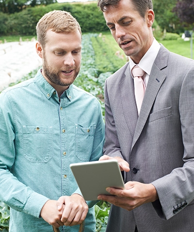 Especialista en préstamos agrarios a largo plazo, asesorando a hombre con camisa en el campo, mirando una tablet.